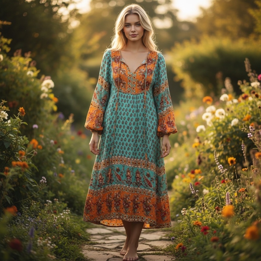 Bluetime Boho Floral Paisley Midi Dress Turquoise Orange Bell Sleeve M